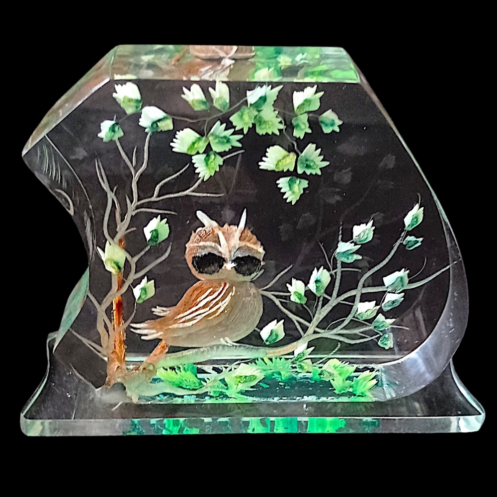 Vintage Lucite Owl Paperweight Sculpture Hand Painted Woodland Bird MCM Decor - Picture 11 of 16